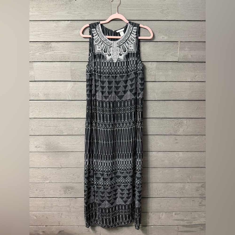 H&M Black White Beaded Top Boho Print Maxi Dress Sz 8 Summer Vacation Resort